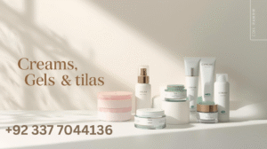 Assorted herbal creams, pain relief gels, and traditional massage tilas for wellness.